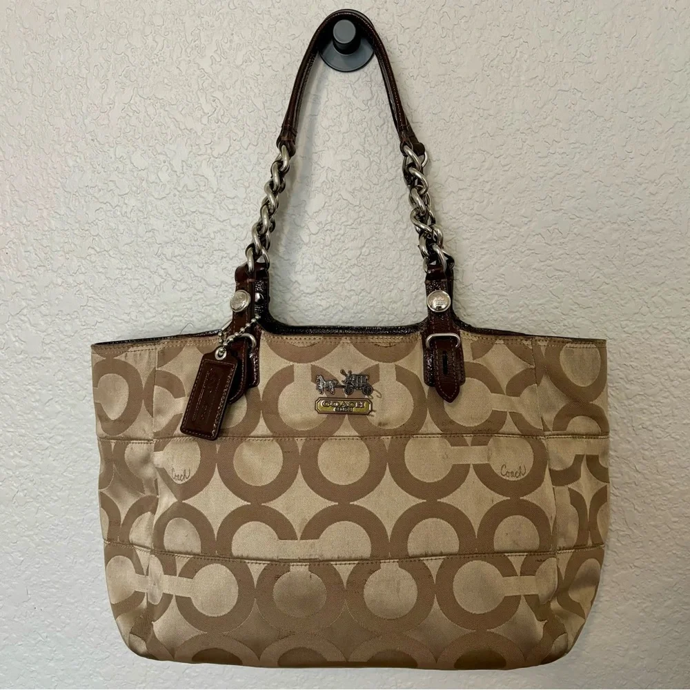 Coach Canvas Leather Tote Madison Tribeca Op Art Small Gold Tan Brown Pink Satin - Picture 7 of 15